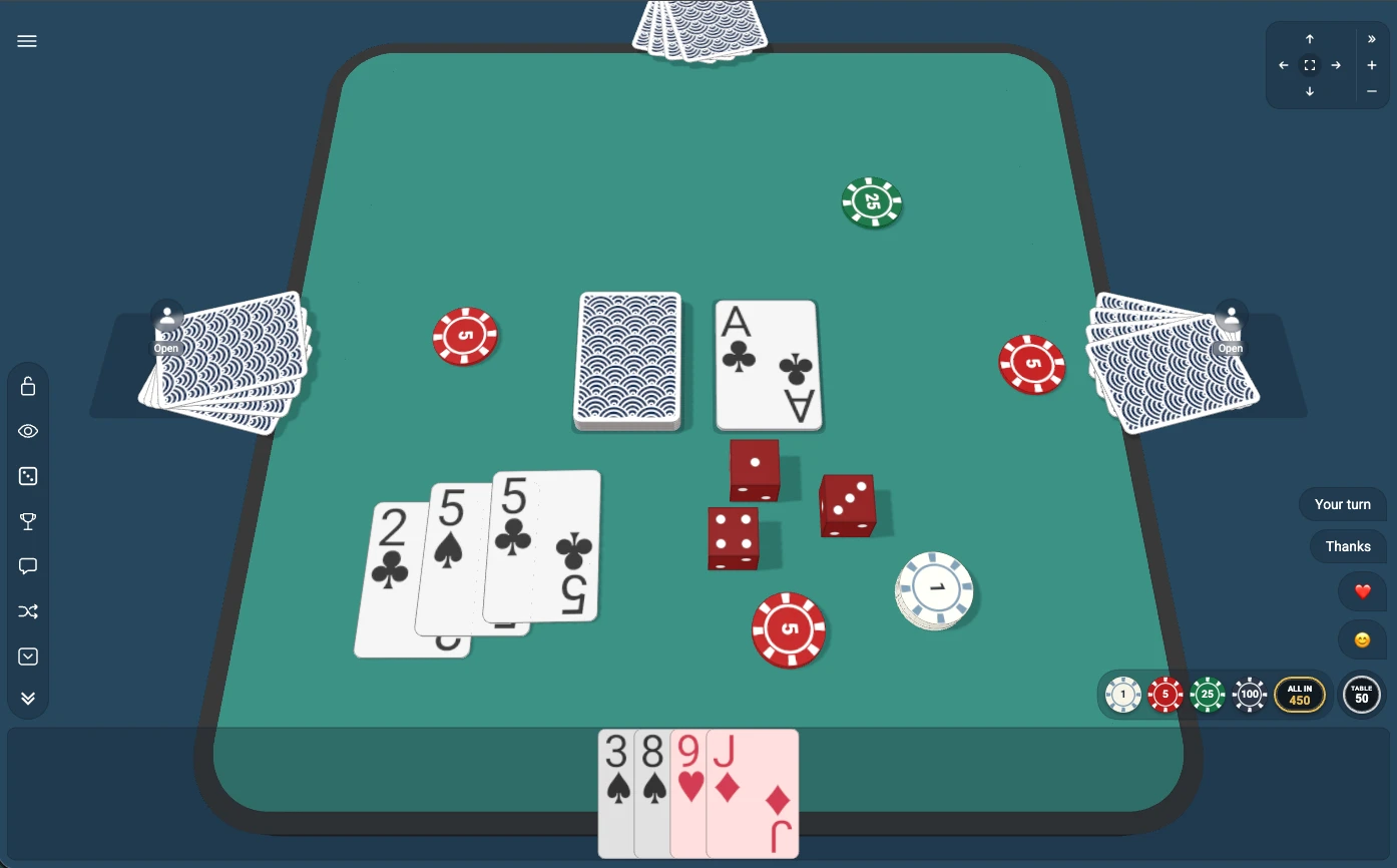 A Deck of Cards table with players seated around it, cards dealt, chips and dice on the felt