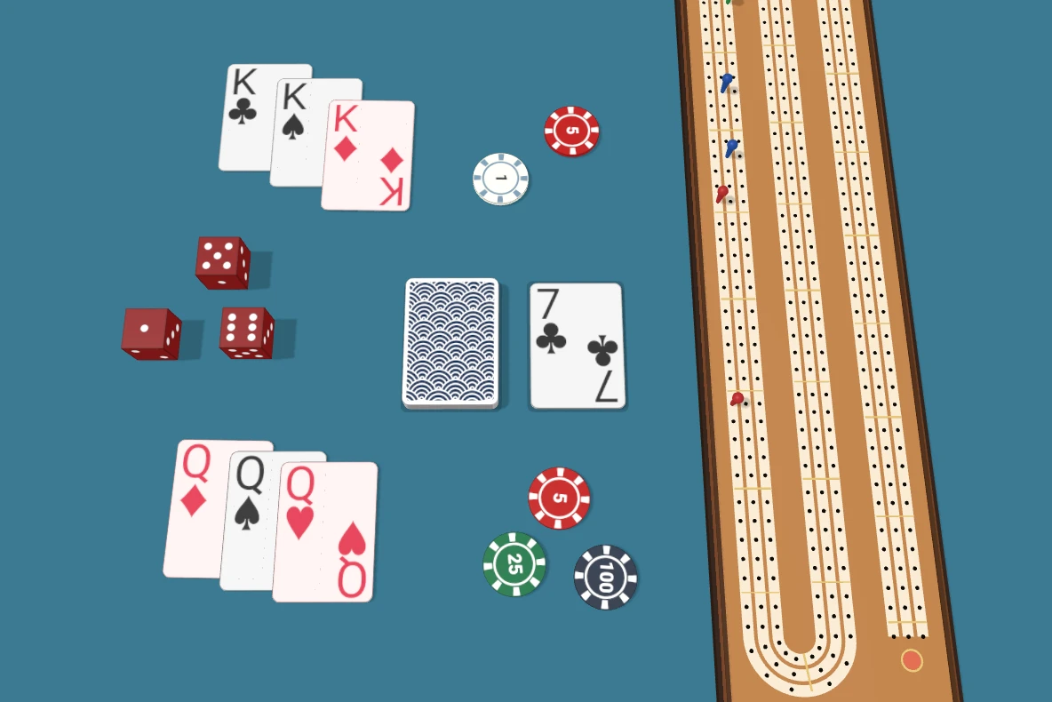 An online card table with two red dice rolled onto the felt